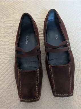 Dark Brown Suede Square-Toe Mary Jane Flats